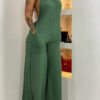 Green Halter-neck Backless Jumpsuit