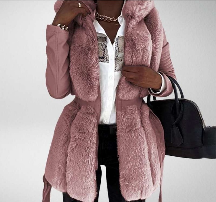 Women New Style Fur Belt Hooded Zipper Jacket