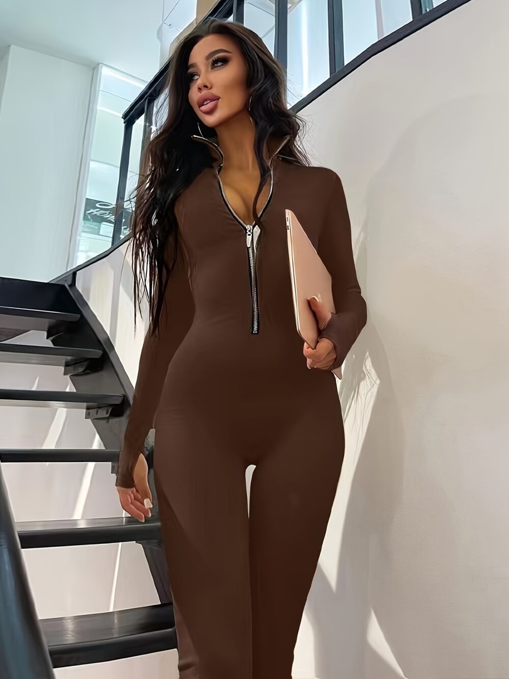Women's Long Sleeve Jumpsuit With Long Metal Zipper