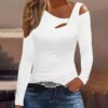 Women's Cut Out Off Shoulder Top - Long Sleeve Plain Tee For Holiday, Spring & Autumn