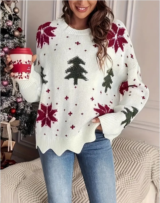 Printed Holiday Loose Casual Knit Sweater For Women