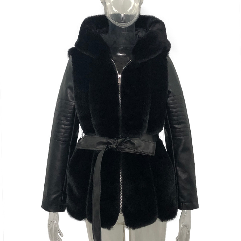 Women New Style Fur Belt Hooded Zipper Jacket